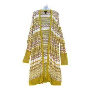 Scoop Chevron Pointelle Open Front Duster Cardigan Mustard Yellow Plus Size 3X